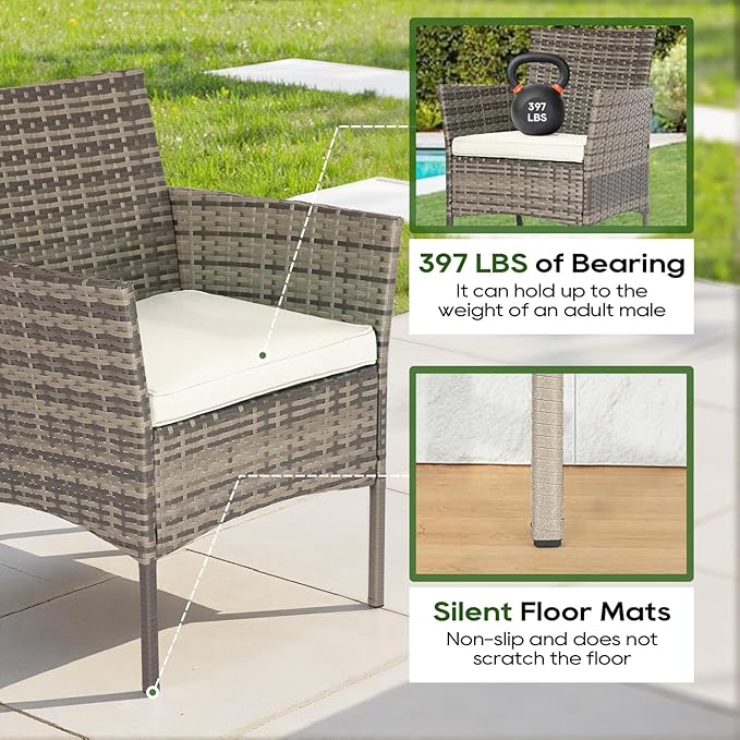 FDW | 3-Piece Patio Furniture Set | Gray & Khaki | Outdoor Wicker Furniture