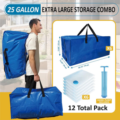 12 Pack Heavy Duty Extra Large Moving Bags with Backpack Straps & Large Vacuum Storage Bags Moving Supply Combo, Moving Totes with Handles & Zippers for Space Saving, Fold Flat, Includes Vacuum Bags