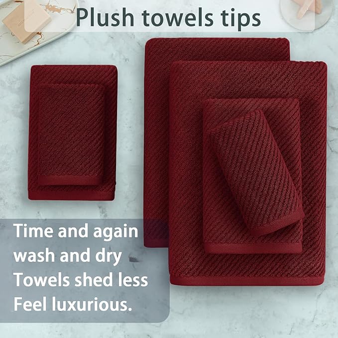 VOOVA & MOVAS Burgundy Towel Set - 100% Cotton | Lightweight | Soft | Quick Dry, 6 Piece Towel Set,2 Large Bath 30"x56", 2 Hand 18"x28", 2 Washcloths 13"x13", Towels Gift Set, Red Towels