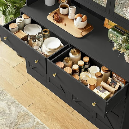 FINETONES 71" Pantry Cabinet with LED Light and Charging Station, Farmhouse Kitchen Pantry Cabinet with Microwave Stand, 47.2" Wide Kitchen Hutch Food Pantry with Open Countertop, Black