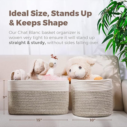 CHAT BLANC Cotton Rope Baskets for Organizing | 15”x10”x9” Storage Baskets for Shelves | Small Laundry Woven Baskets for Storage, Dog Toy Bin, Baby Basket,Off White&Brown 3 Pack