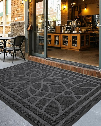 DEXI Front Door Mat Outside Entrance, Heavy Duty Non Slip Low Profile Doormat for Entryway, Trap Dirt and Moisture Welcome Mats, Easy Clean, Patio, Garage, 5x3, Grey