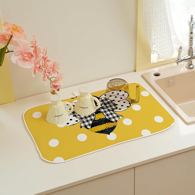 Yellow Bee Dish Drying Mat for Kitchen Counter 18x24 Inch Polka Dots Dish