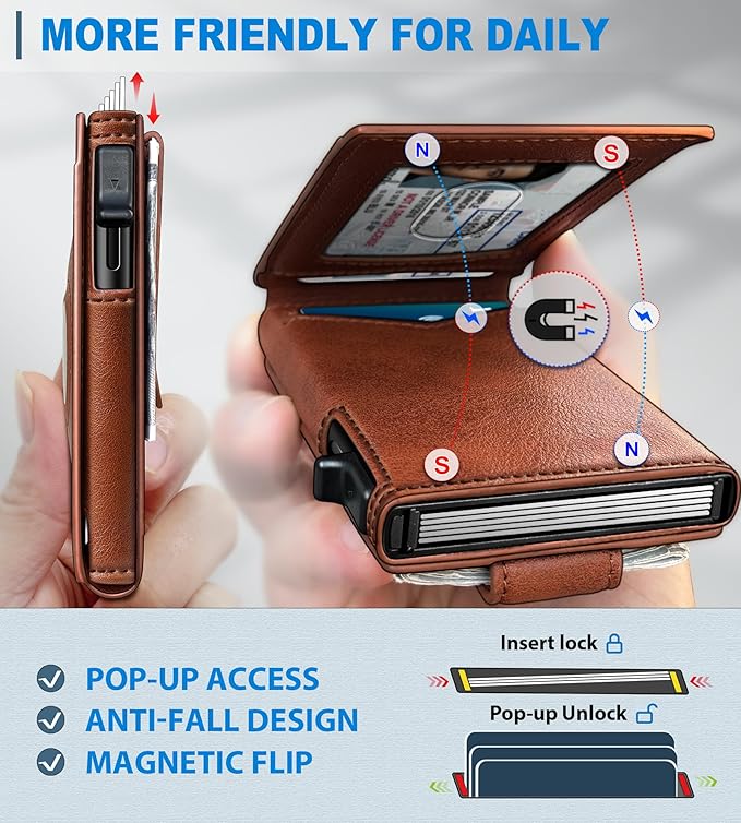 Airtag Wallet for Men,with Money Clip Gift Boxed,Slim Front Pocket Wallet RFID Blocking Metal Case Smart Pop-up Credit Card Holder in Magnetic Leather Flip