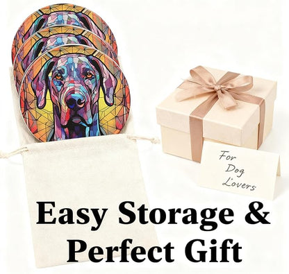 Great Dane Stained Dog Breed Glass Art Leather Drinks Coasters