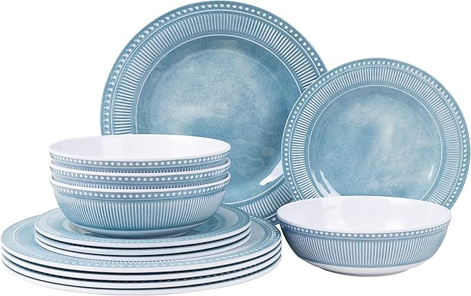 AELS Melamine Dinnerware Set of 12 Pcs, Dinner Dishes Set for Indoor and Outdoor Use, Melamine Plates and Bowls Set for 4, Dishwasher Safe, Lightweight Unbreakable, BPA Free, Blue