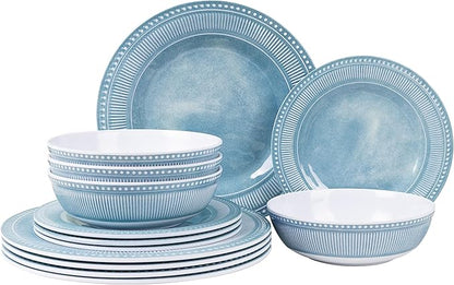 AELS Melamine Dinnerware Set of 12 Pcs, Dinner Dishes Set for Indoor and Outdoor Use, Melamine Plates and Bowls Set for 4, Dishwasher Safe, Lightweight Unbreakable, BPA Free, Blue