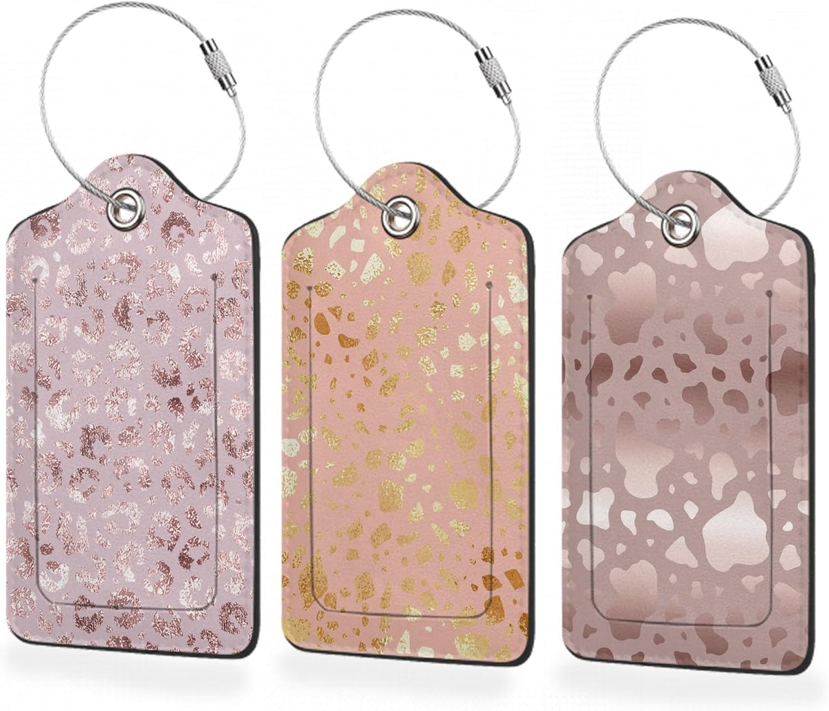 3 Pack Luggage Tag for Suitcase,Glitter Rose Gold Leather Luggage Tags with Privacy Cover Name ID Label Identifiers Travel Bag Tags for Women Men Boys Girls