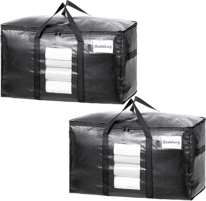 TAILI Extra Large Moving Bags, 2 Pack Black Heavy Duty Totes For Storage with Visible Window, Wrap Around Handles, Storage Bags for Space Saving, Alternative to Moving Boxes