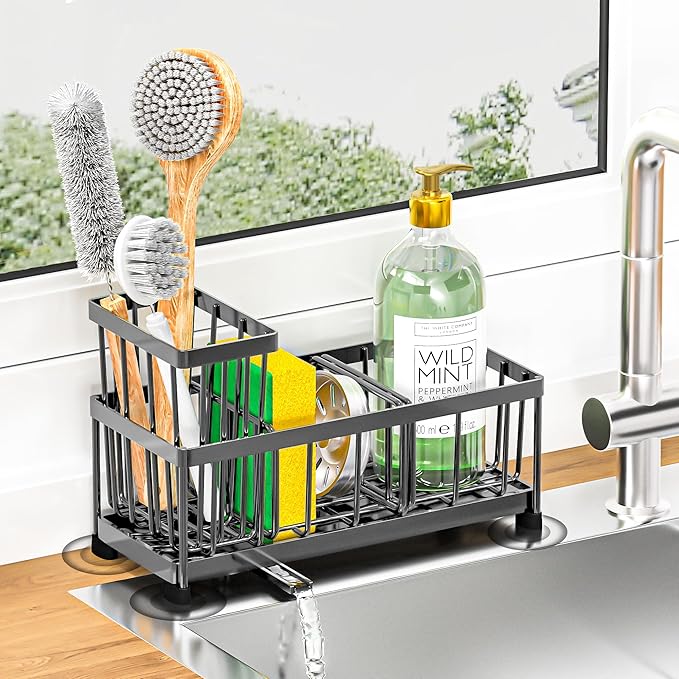 Self-Draining Kitchen Sink Caddy with Elevated Brush Holder – Rustproof Stainless Steel Multipurpose Sponge Holder for Kitchen Sink Organizer with Durable Design for Countertop