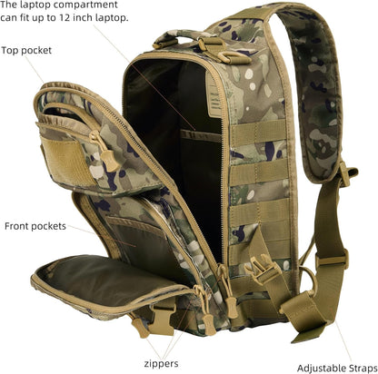 15L Tactical Crossbody Sling Bag | Everyday One Shoulder Backpack Fit 12 Inch Laptop, Molle, Daily Use, Travel, Hiking (Camo)
