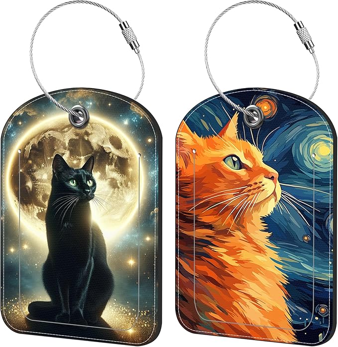Black Cat and Sky Luggage Tag for Suitcase Set of 2 PU Leather Cute Luggage Tags with Stainless Metal Loop ID Label Privacy Flap Suitcase Tags for Women and Men Travel