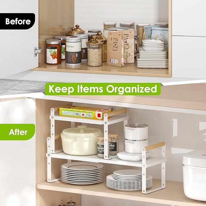 DOLALIKE Expandable kitchen Countertop Organizer, Stackable Cabinet Shelf Organizers, Space Saving Spice Rack Pantry Storage for Bathroom Office Organization (6.9''D*13-19.7''W*7.9''H, White)