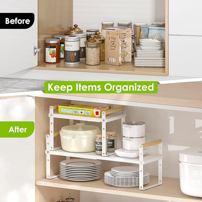 DOLALIKE Expandable kitchen Countertop Organizer, Stackable Cabinet Shelf Organizers, Space Saving Spice Rack Pantry Storage for Bathroom Office Organization (6.9''D*13-19.7''W*7.9''H, White)