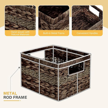 Water Hyacinth Wicker Basket, Decorative Woven Baskets with Built-in Handles, Hand-woven Storage Organizer for Organizing Pantry, Livingroom, Bedroom, Shelves, Toilet(2-PACK, Brown)
