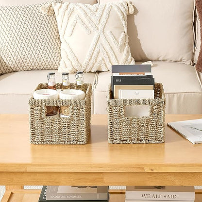Seagrass Wicker Basket, Decorative Woven Baskets with Built-in Handles, Hand-woven Storage Organizer for Organizing Pantry, Shelves, Laundry, Livingroom, Bedroom, Toilet(2-PACK, Natural)