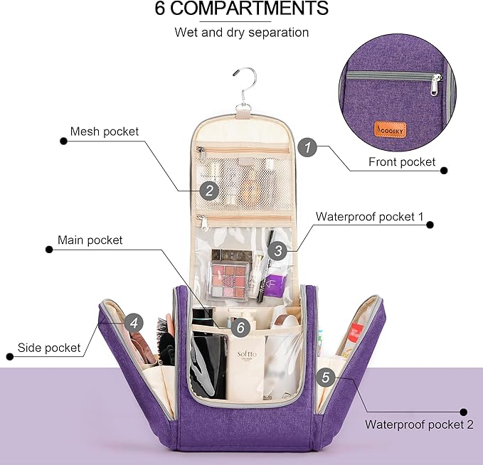 Extra Large Toiletry Bag for Women and Men, 6 Organizer Compartments, Holds Full Size Shampoo, with Hanging Hook Cosmetic Bag, Travel Makeup Bag, Bathroom Water-resistant Toiletries Bag, Purple