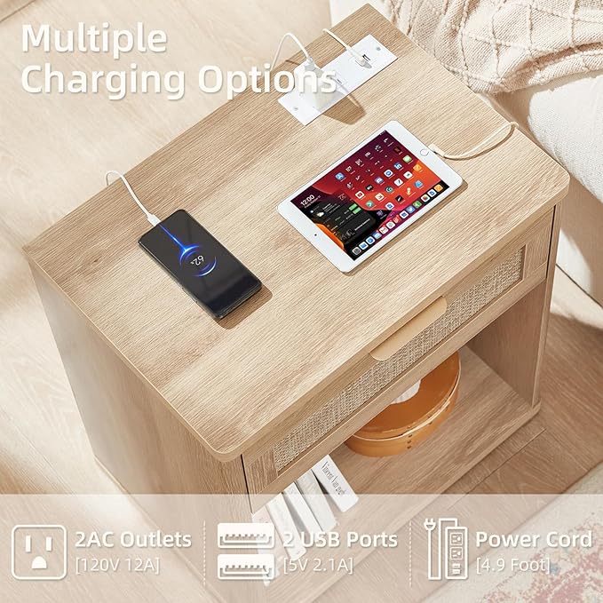 LEYAOYAO Rattan Nightstands Set of 2 with Charging Station, 23" Wide Boho Night Stand with Drawer, Natural Wood Bedside Table Open Cabinet, Bed Side End Table Dresser for Bedroom, Living Room, Hallway