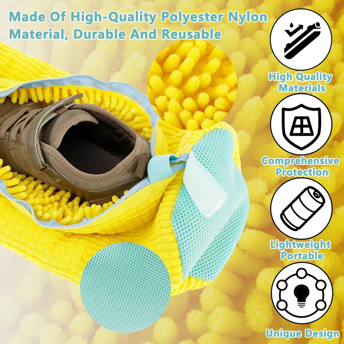2Pcs Shoe Washing Machine Bags, Laundry Shoe Bags for Washer and Dryer, Sturdy Zipper with Hook Design, Reusable Washing Bag for Sneaker, Tennis, Fits All Shoe Types & Sizes, （Yellow 2 Packs）