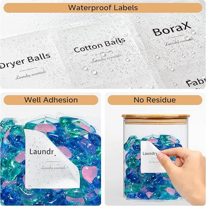 Glass Laundry Pods Container & Acrylic Dryer Sheet Holder with Bamboo Lids, Scoops & Labels | Premium Laundry Room Organization and Storage for Detergent Pods, Powder, Dryer Balls & Beads