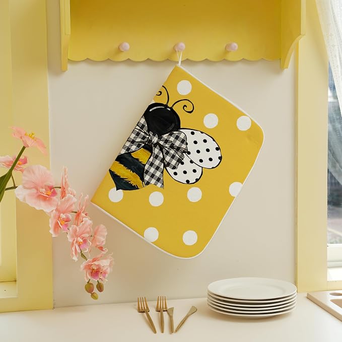 Yellow Bee Dish Drying Mat for Kitchen Counter 18x24 Inch Polka Dots Dish