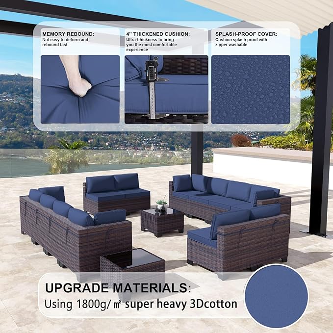 Kullavik 14 Pieces Outdoor Patio Furniture Set PE Wicker Rattan Sectional Sofa