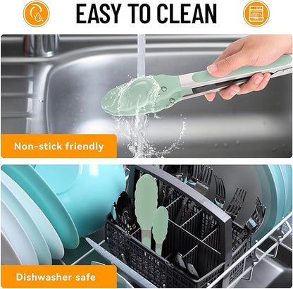 HOTEC Premium 7 & 9 Inch Kitchen Tongs, Stainless Steel Locking Cooking Tongs with Silicone Tips, Non-Scratch & Heat Resistant, Serving Tongs for Salad, BBQ, Light Green, Set of 2
