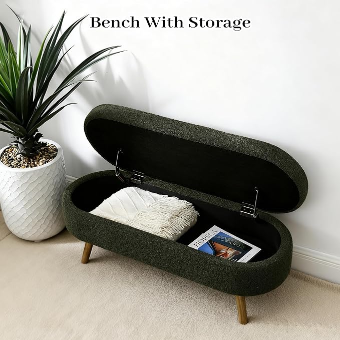 Storage Bench, 43" Storage Ottoman Bench, Shoe Storages Benches for Bedroom, Upholstered Entryway Benches with Seating, Rubber Wood Legs for Bedroom, Living Room, Entryway, Bed Side, Green