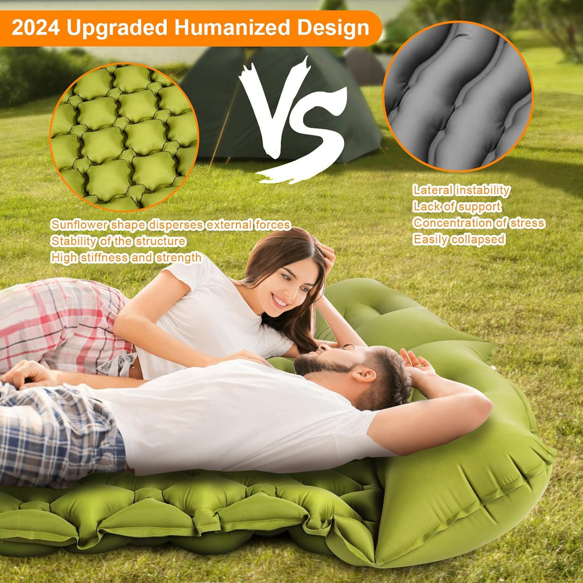 Double Sleeping Pad, Ultralight 3" Extra-Thick Self Inflating Sleeping Mat for 2 Person with Pillow Built-in Foot Pump Portable Camping Mat for Backpacking, Hiking, Traveling, Tent, Camping