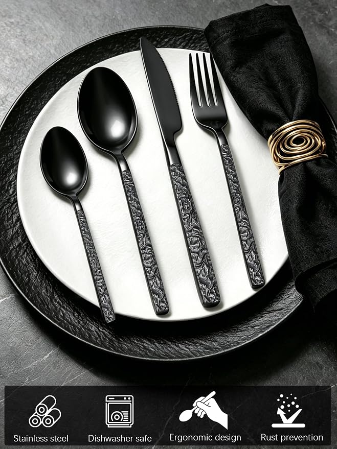 Black Silverware Set for 8 Modern Square Flatware Set Stainless Steel 32 Piece
