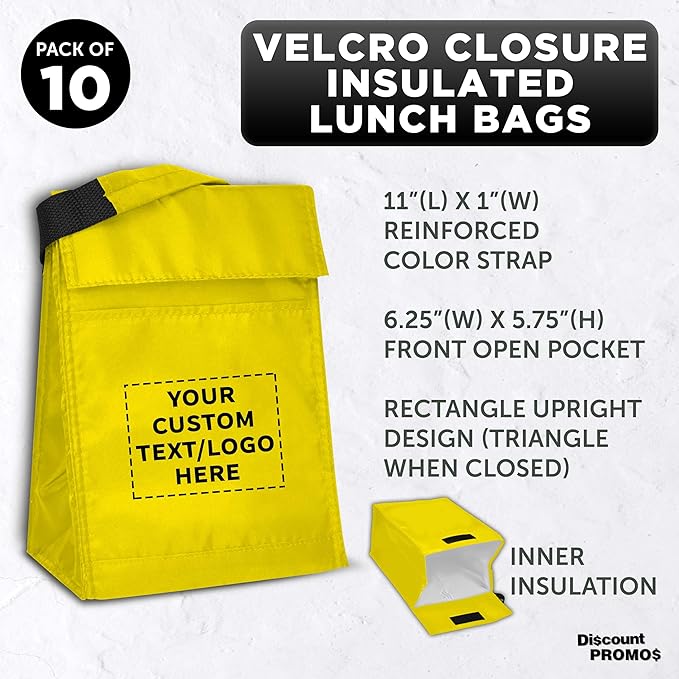 DISCOUNT PROMOS 10 Hook and Loop Insulated Lunch Bags Set - Customizable Text, Logo - Polyester, Durable, Vibrant, Reusable - Yellow