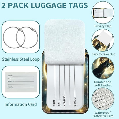 Black Cat and Sky Luggage Tag for Suitcase Set of 2 PU Leather Cute Luggage Tags with Stainless Metal Loop ID Label Privacy Flap Suitcase Tags for Women and Men Travel