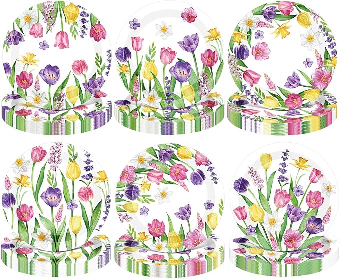 120 Pcs Spring Floral Paper Plate 7 Inch Floral Party Plate Tulip Paper Plates