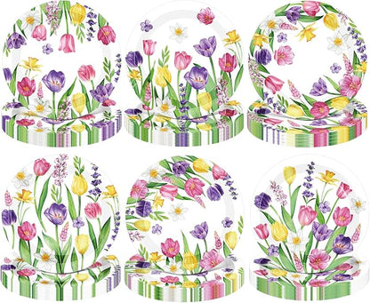 120 Pcs Spring Floral Paper Plate 7 Inch Floral Party Plate Tulip Paper Plates