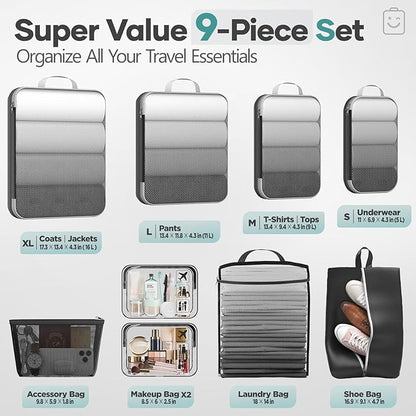 Veken 9/11 Set Compression Packing Cubes for Travel Essentials,Compressible Expandable Large Luggage Suitcase Organizer Bags for Clothing,Durable Space Saver Storage Bags with Toiletry Bags(Black)