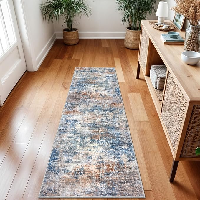 IOHOUZE Abstract Runner Rug 2x7 Ft Washable Runners for Hallways, Non Slip Kitchen Runner Printed Faux Wool Entryway Runners Indoor, Modern Abstract Floor Carpet for Hall Kitchen Bedroom, Blue Rust