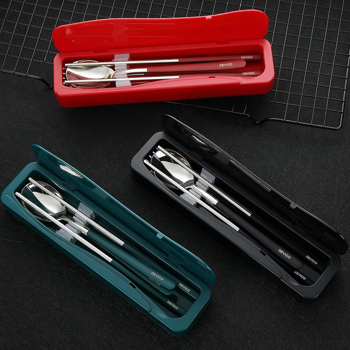 DEVICO Travel Utensils, 18/8 Stainless Steel 4pcs Cutlery Set Portable Camp Reusable Flatware Silverware, Include Fork Spoon Chopsticks with Case (Black)