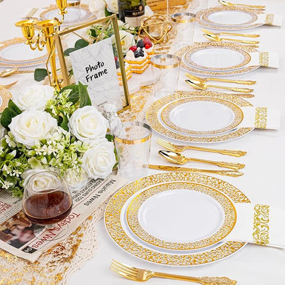 bUCLA 350PCS Gold Plastic Plates Disposable - Gold Plastic Dinnerware Set Include 50 Dinner / 50 Dessert Plates, 50 Forks, 50 Knives, 50 Spoons, 50 Cups, 50 Napkins for Party & Thanksgiving