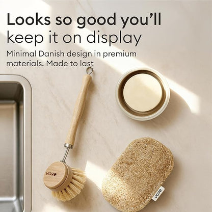 Vove Bamboo Dish Brush, FSC-Certified - Includes 3 Replacement Heads - Natural Fiber Bristles - Non-Toxic, Plastic-Free - Scrub Brush for Pots, Pans & Dishes
