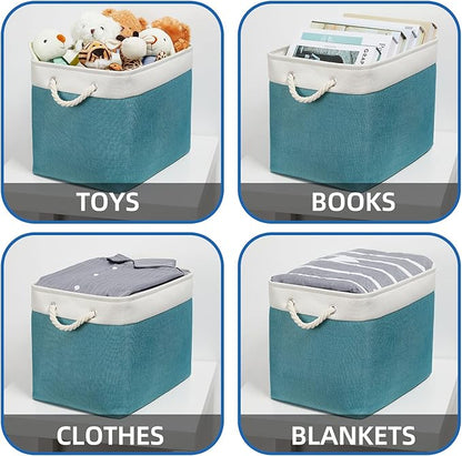 Temary Fabric Baskets Storage Baskets for Organizing 2 Pcs Decorative Baskets for Gifts Empty Collapsible Storage Bins for Home Closet(White&Teal,16Lx12Wx12H Inches)