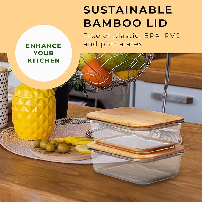Prosumer's Choice Glass Food Storage Containers with Bamboo Lids (Pack of 2) - Stackable Meal Prep Container - Airtight Glass Food Containers with Lids - Reusable Lunch Pack - 36 Oz