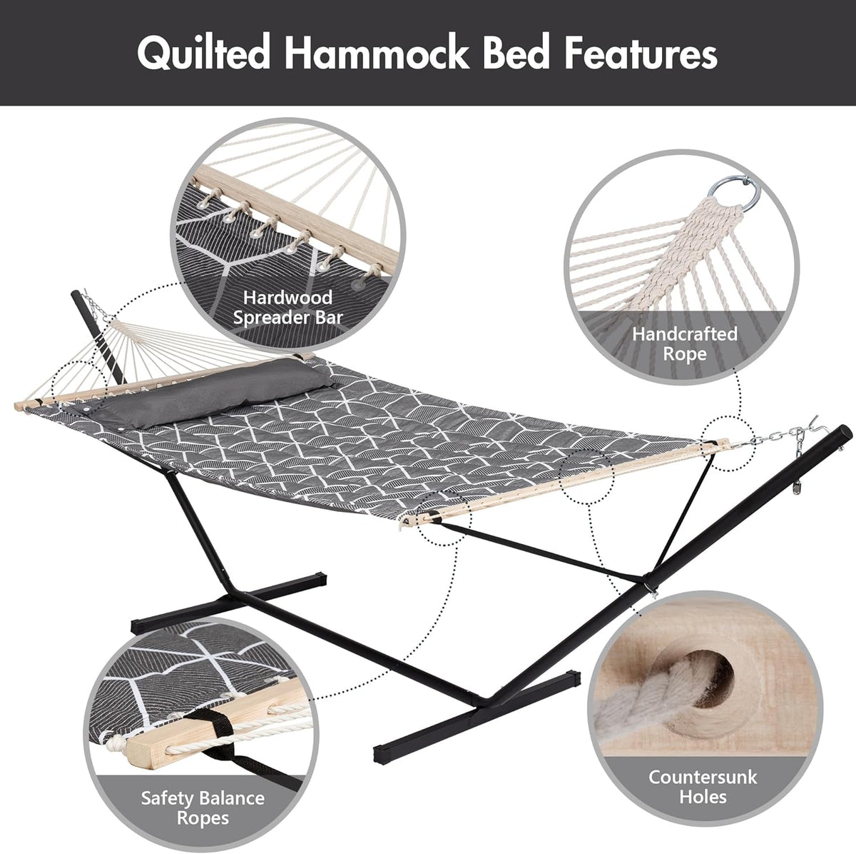 ANOW Double Hammock with Stand Included, 2 Person Hammock with Stand for Outside, 450 LBS Weight Capacity, Gray Cube