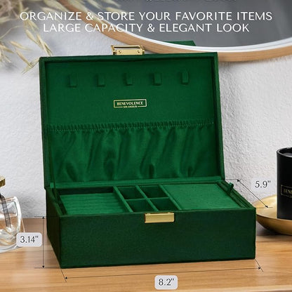 Benevolence LA 2 Layer Jewelry Box for Women, Large Velvet Jewelry Organizer with Decorative Lock, Removable Jewelry Tray, Earrings, Bracelets, Rings and Necklace Storage Box - Emerald