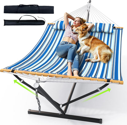Double Hammock with Stand for Outdoor, Heavy Duty Portable Hammock with Adjustable Steel Stand for Patio, Garden, Beach, Backyard - Includes Carrying Bag,Blue