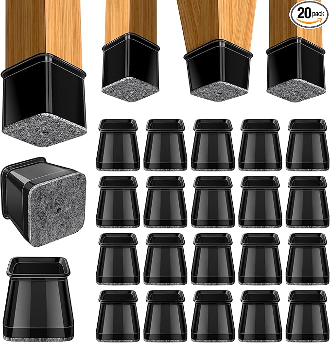 BUMACO Chair Leg Floor Protectors Square Chair Leg Protectors for Hardwood Floors 20Pcs Silicone Covers to Protect Floors Square (Black-L Fit 1-1/16" to 1-5/8")