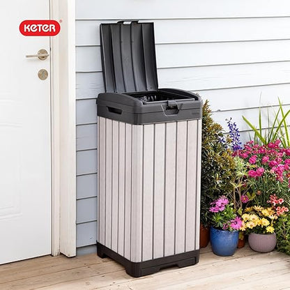 Keter Rockford Resin 38 Gallon Outdoor Kitchen Trash Can with Lid and Drip Tray for Easy Cleaning-Perfect for Patio Dining, Grey