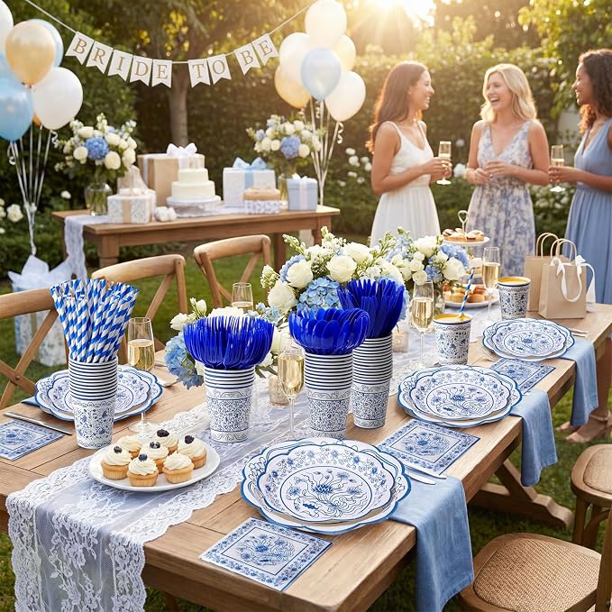 450 Pcs Blue Floral Tableware Set Decorations, Serves 50 | Blue White