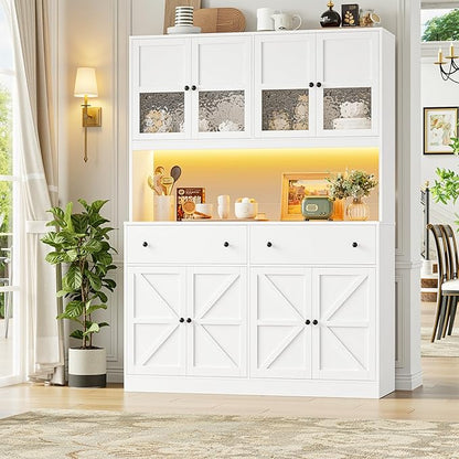 FINETONES 71" Pantry Cabinet with LED Light and Charging Station, Farmhouse Kitchen Pantry Cabinet with Microwave Stand, 47.2" Wide Kitchen Hutch Food Pantry with Open Countertop, White