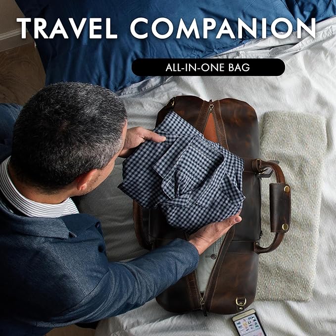 ELIZO Large Leather Duffle Bag For Men Women Big REAL FULL GRAIN Travel Overnight Weekender Carry On Luggage Sports Gym Bags (Walnut 24 Inch) Heritage