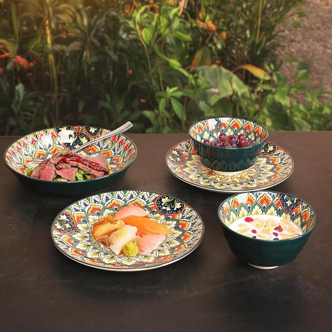 YA JU Mandala Dinnerware Sets Serves 4, Buffet Dinnerware, Boho Plates and